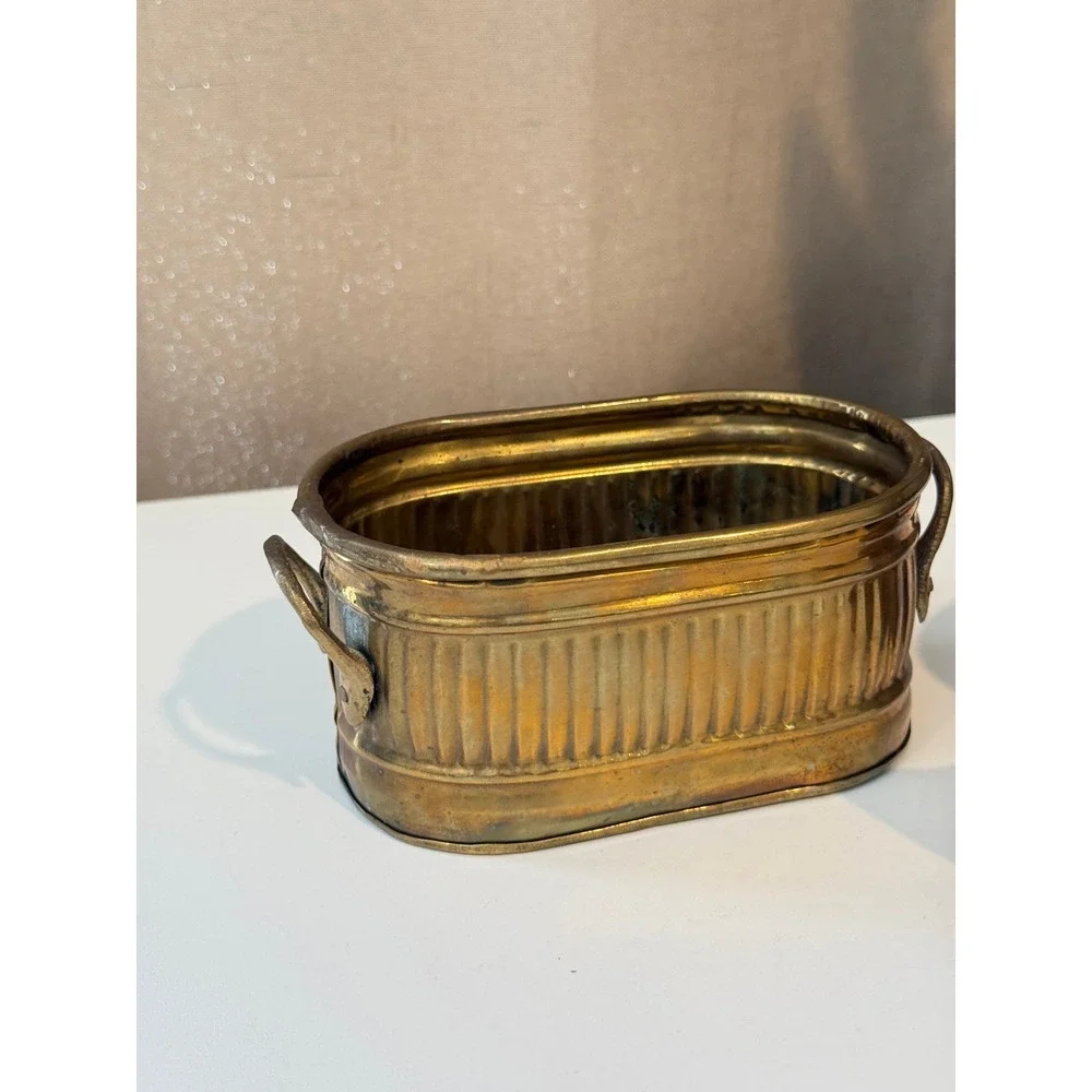 Hosley Solid Brass Decorative Mini Watering Can and Ribbed Oval Planter Set